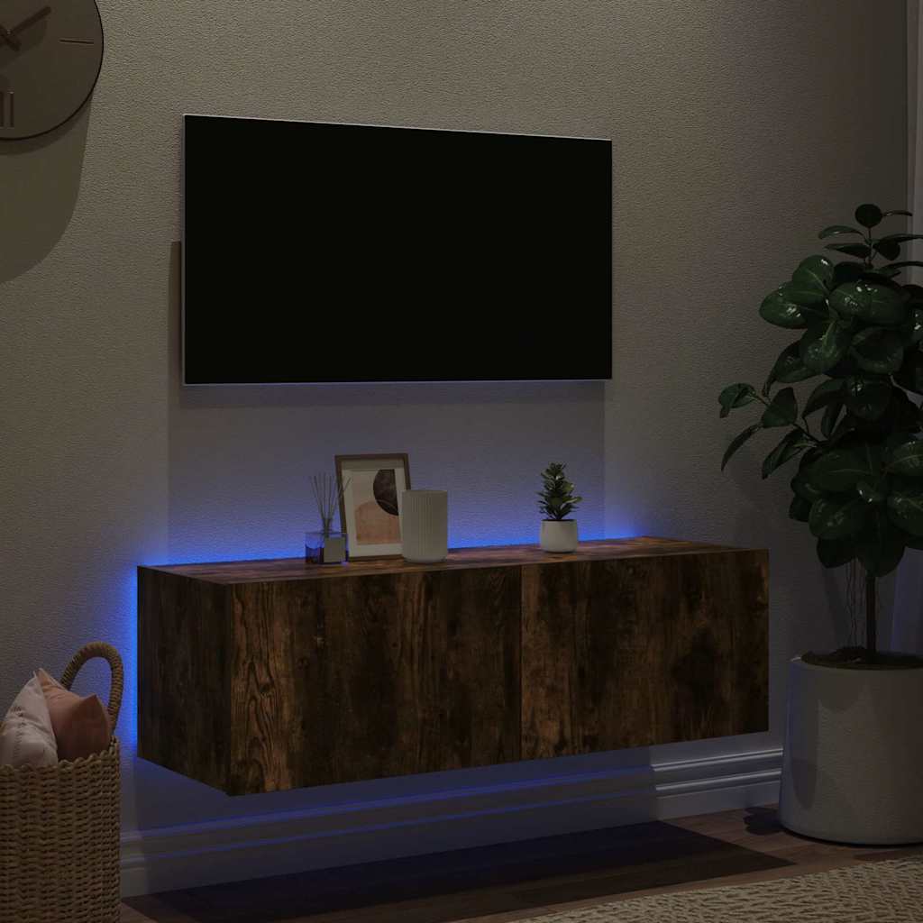 Wall Mounted TV Cabinet with RGB LED Lights Smoked Oak Finish 100 x 35 x 31 cm