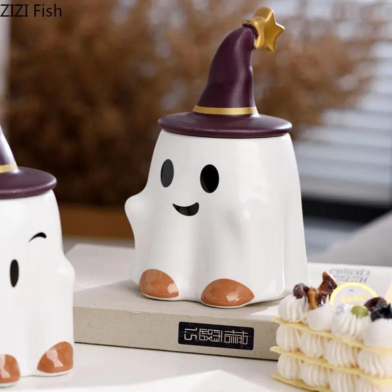 Cute Ghost Water Cup Creative Ceramic Mug with Cover Office Home Afternoon Tea Coffee Cup Drinking Set Halloween Easter Gift