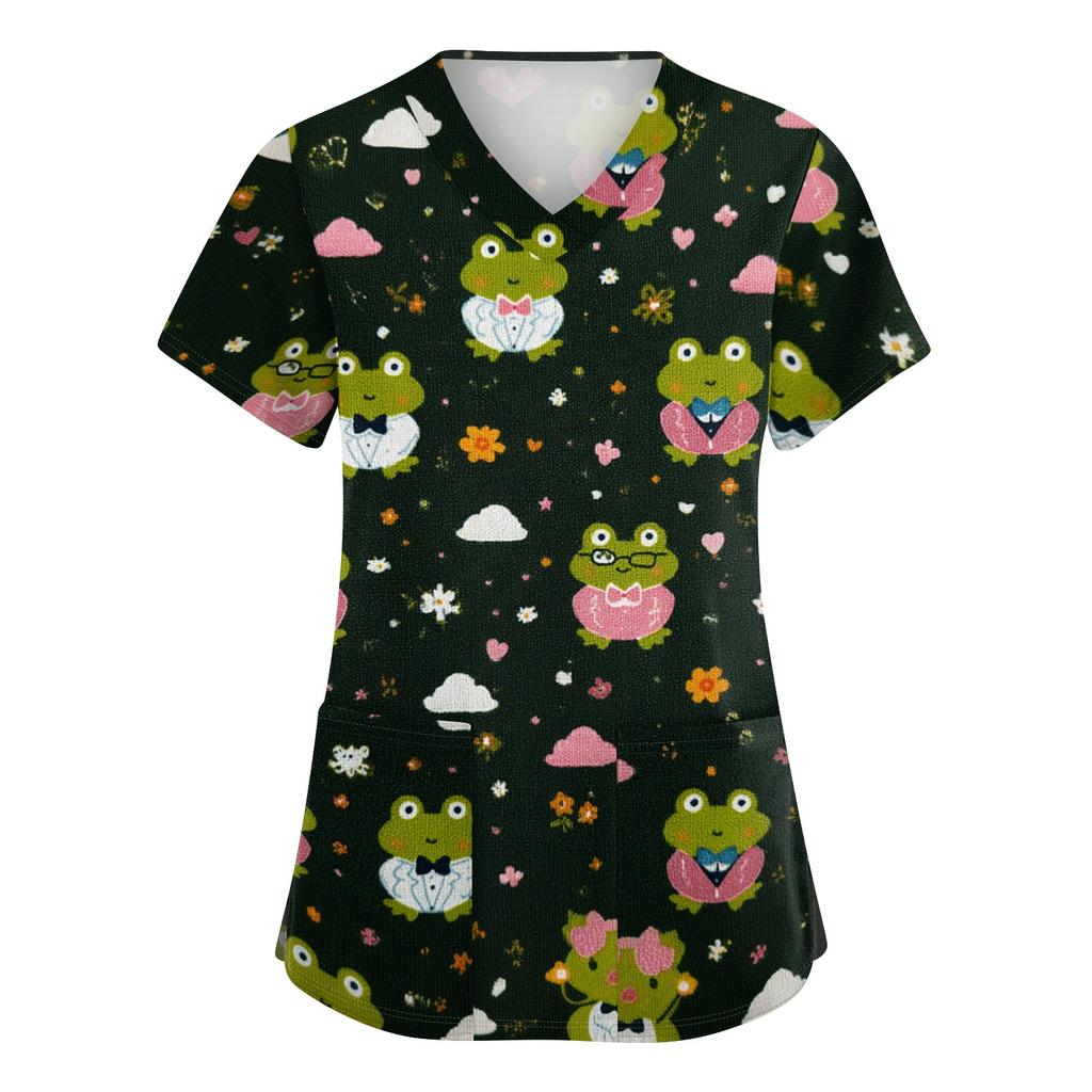 Camicia da Lavoro da Donna con Scollo a V e Maniche Corte con Tasche Stampa Cartone Animato Top da Medico per Professionisti Sanitari Vestibilità Comoda Tessuto Resistente