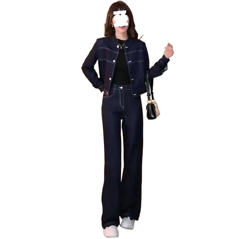 Spring 2025 Women's Slimming Denim Suit: Stylish Short Jacket & Wide-Leg Pants Set