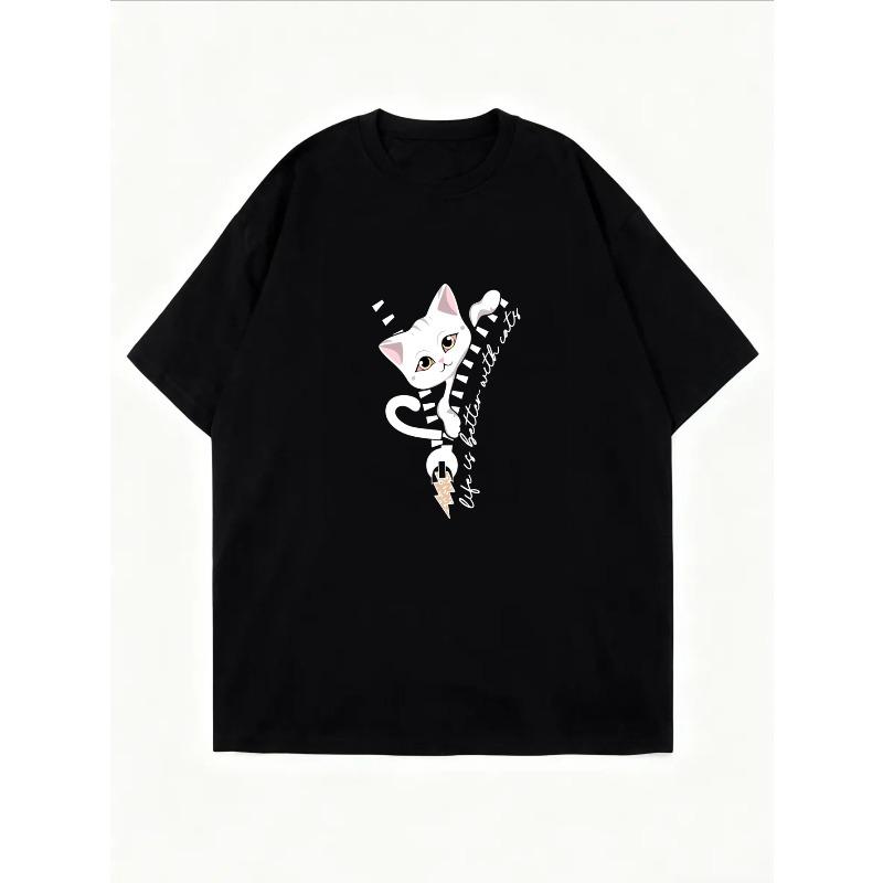 White T Shirt With Cute Cat Print For Casual Wear