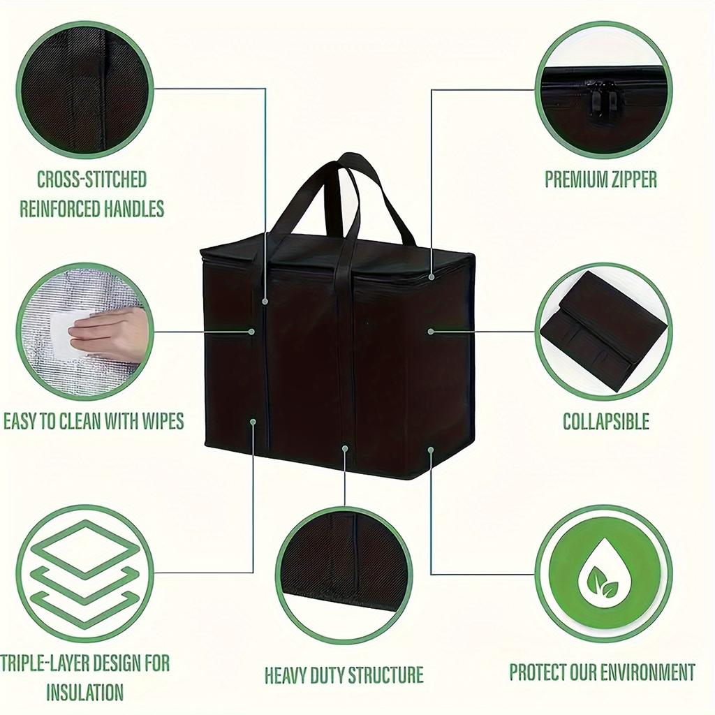 Extra Large Black Insulated Cooler Bag Durable, Reusable, Foldable, Multi-Compartment for Food & Beer, Good Temp Control.