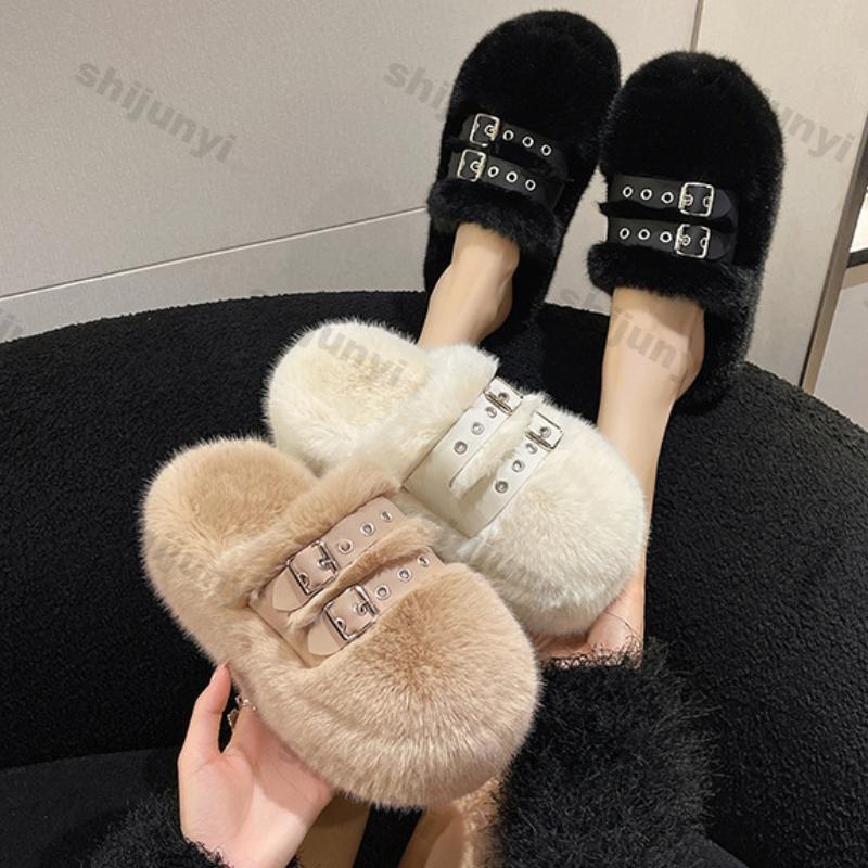 Fashion Women Furry Belt Buckle Slippers Winter Fashion Thick Sole Flats Ladies Casual Slip on Bedroom Slides Soft Outdoor Half Slippers