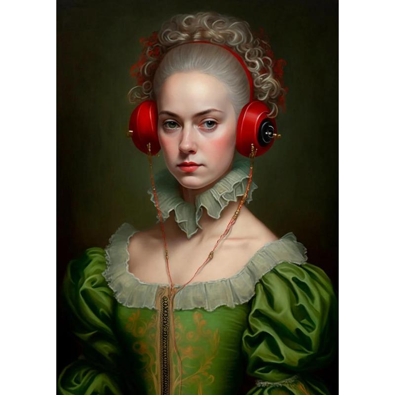Neo Renaissance Funny Portrait Poster Girl Wearing Headphones Art  Retro Canvas Painting Prints Wall Bedroom Home Decoration