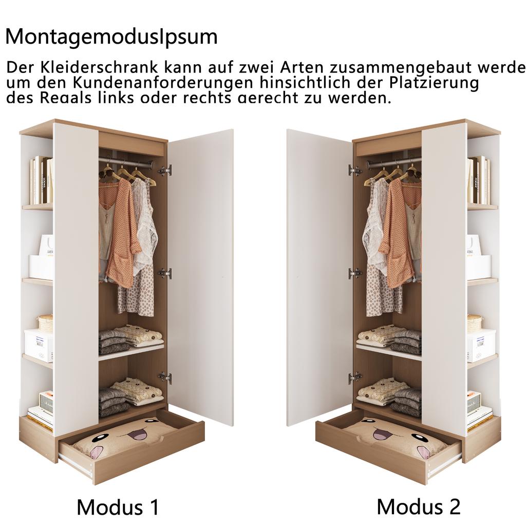 Wardrobe 70*40*170cm, Single-Door Design, with Shelves and Drawers, Natural Wood Color + White (Old SKU: LDB00308AAN)