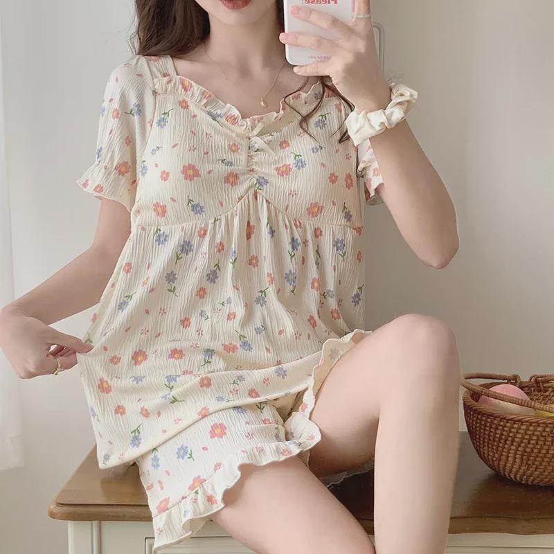 "Women's Summer Pajama Set with Chest Pads: Wrinkle-Resistant, Short Sleeves, Korean-Style, Sweet & Cute"
