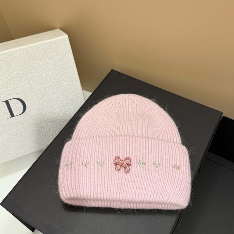 Winter High-Quality Bow Rhinestone Knit Hat Rabbit Fur Ear-Protection Warm Beanie Women