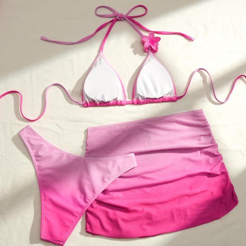 Gradient Color Sexy Bikini Set Women Halter Push Up Bra Skirt 3 Piece Swimsuit Bathing Suit Cover Up Swimwear Biquini