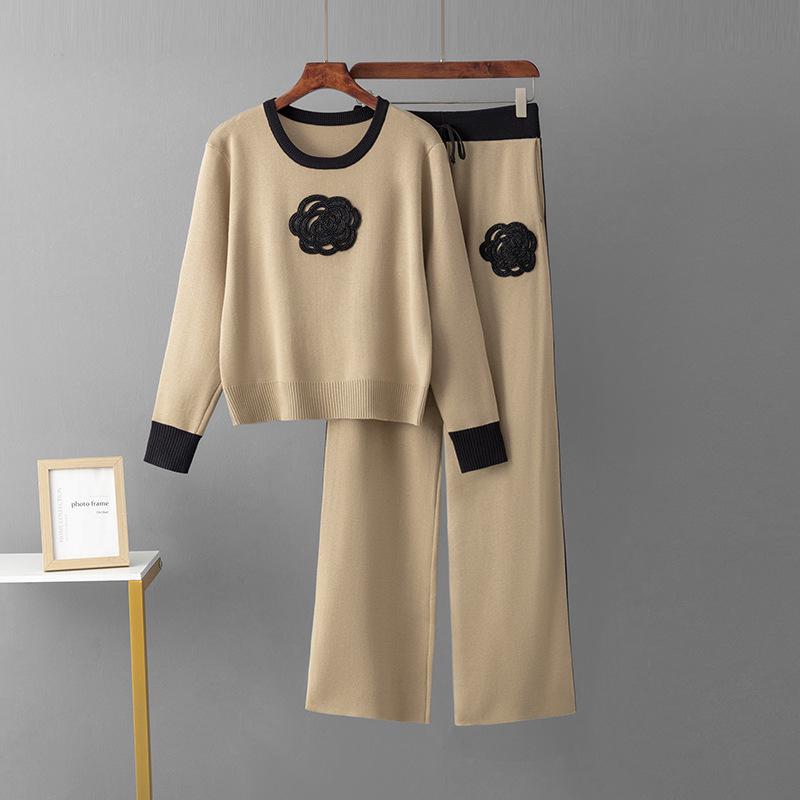 

Модный вязаный топ с вышивкой и комплект брюк широкого кроя для женщин - Весенне-осенняя мода One Size хаки