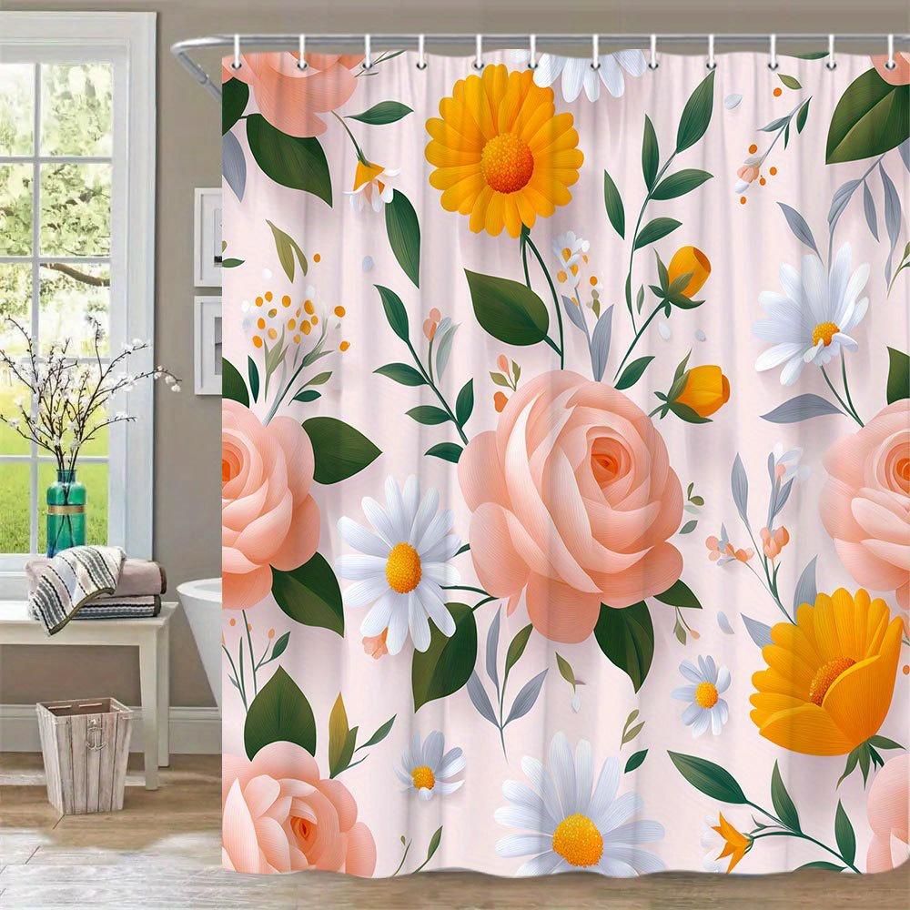 1Pc Floral Shower Curtain - Realistic 3D Roses, Daisies, Green Leaves On Pastel Pink Background - Extra Large Bath Curtain