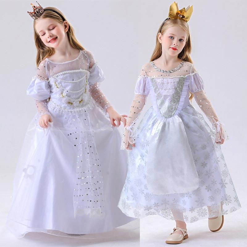 White Queen Costume For Children With Polyester Fabric For Theatrical Performances