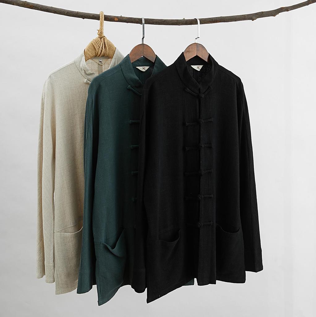 Herren Herbst Ramie Hanfu Hemd: Lockere Freizeit-Oberbekleidung im chinesischen Stil mit Stehkragen und Froschknöpfen