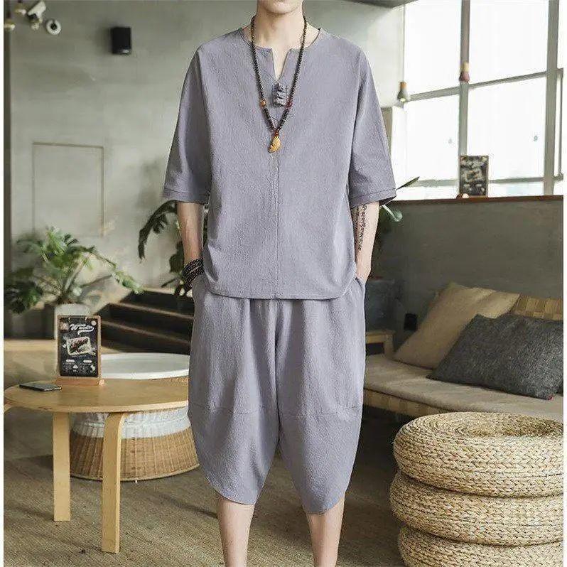 

Мужской льняной костюм в китайском стиле Дзен: Летняя буддийская рубашка в стиле ретро Тан и подходящие к ней брюки XL светло-серый
