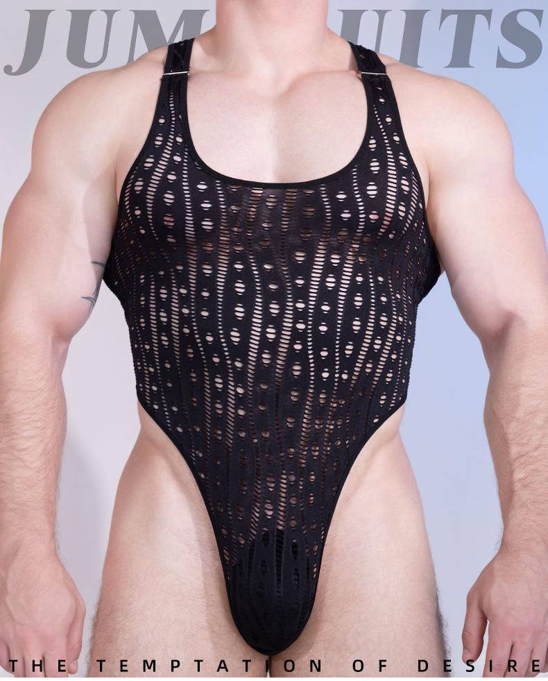 Men'S Sleeveless Bodysuit Tops Sexy Lace Hollow Out Adjustable Shoulder Open Crotch Shaping Wear Man Onesies Elastic Tights