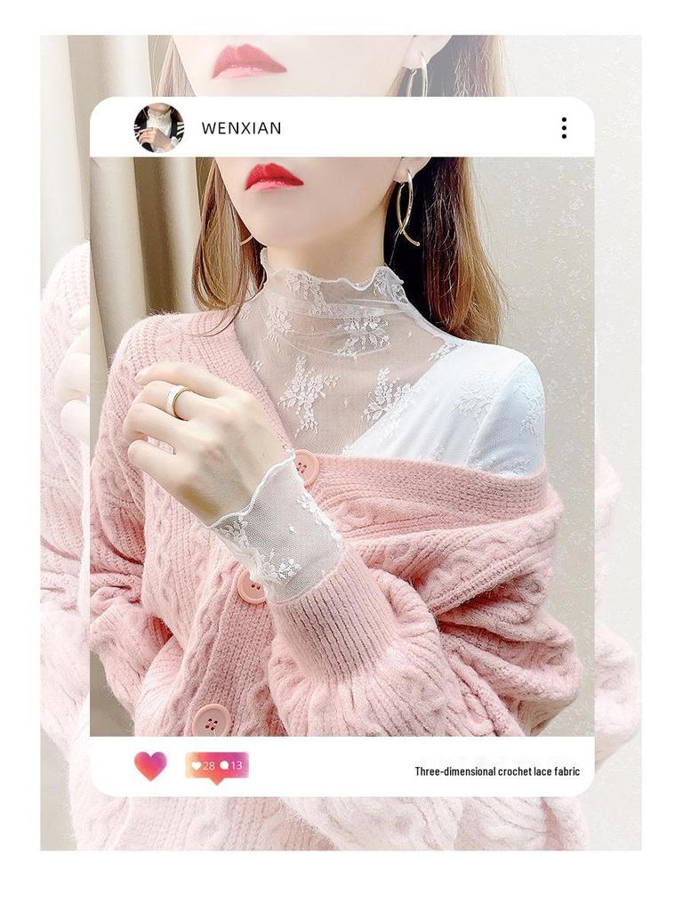 Women's High-End Lace Base Layer Top, Autumn/Winter, Velvet Warmth, Mesh Jacquard Collar, Slightly Sheer, Stylish Design