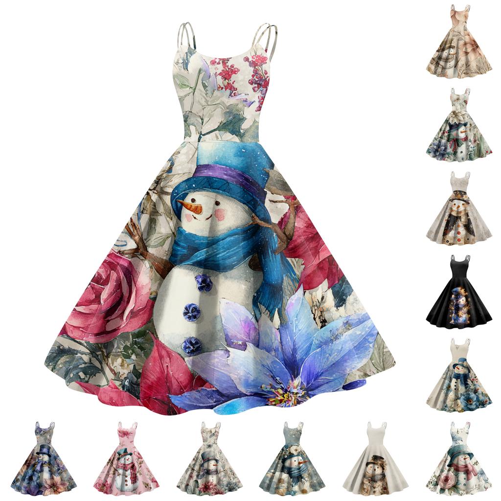 Women's Christmas Print Casual Fashion Round Neck Mid-Length Dress