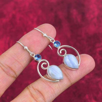 Blue Lace Agate, Tanzanite Handmade Gemstone Earrings, 925 Solid Sterling Silver Earrings Antique Jewelry, Earrings For Engagement Gift