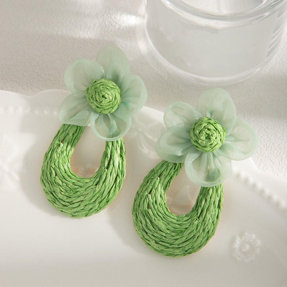 U-shaped Mesh Flower Earrings Sweet Beach Drop Earrings Korean Style Straw Weave Earrings  Party