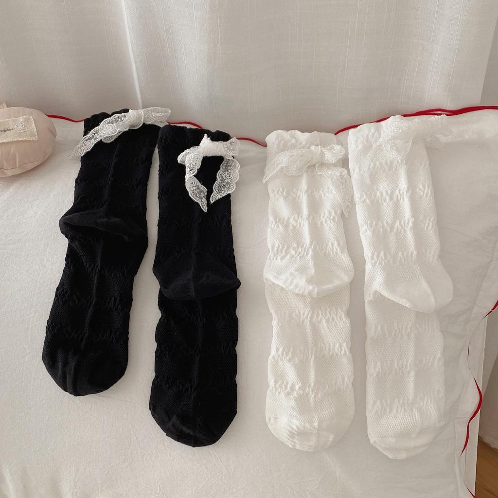 Hohle Neue Damen Socken Spitze Schleife Stapelsocken Einfarbig Liebe Baumwolle Mittelrohr Lolita Damen Socken