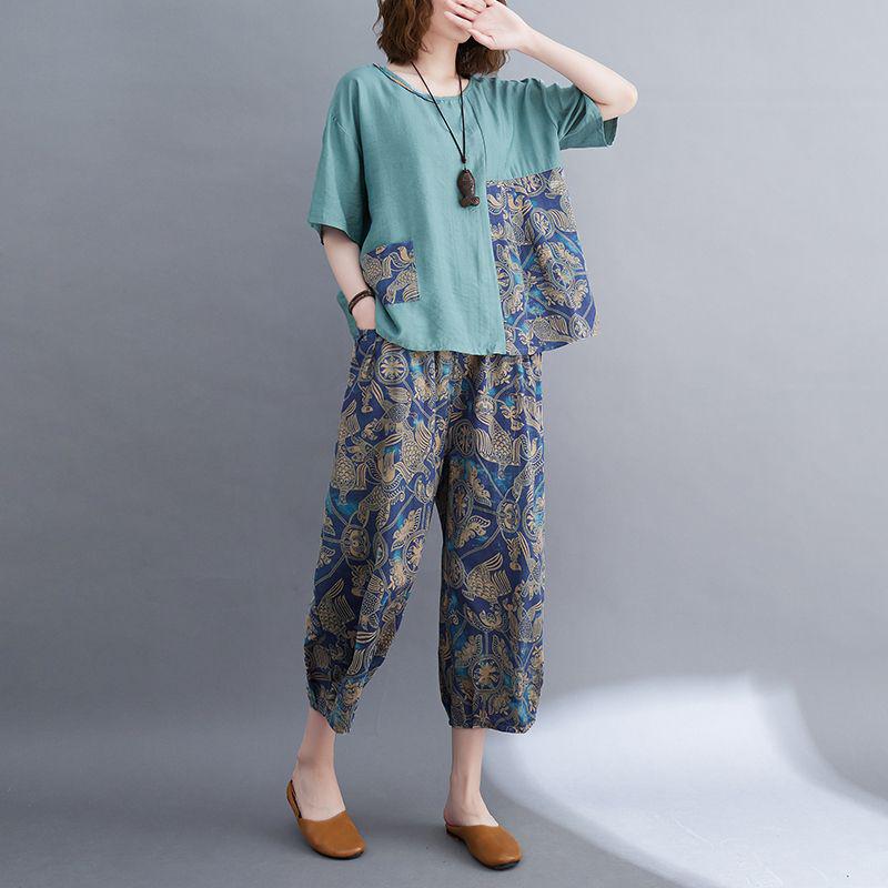 2026 Summer Women's Slimming Suit: Loose Top & Printed Nine-Point Pants Plus Size Two-Piece Set