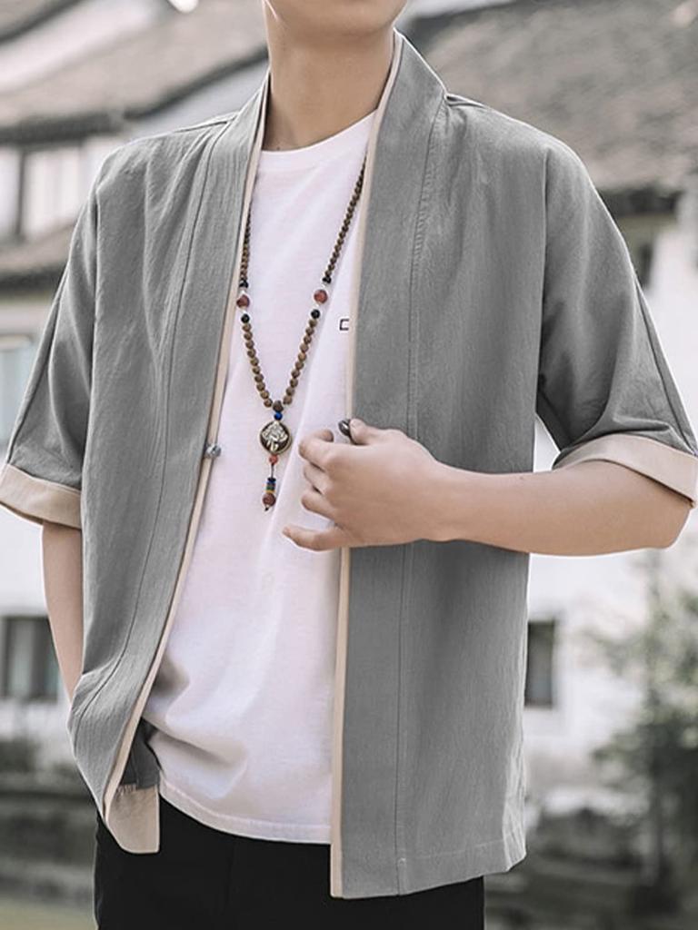YF Men's Jinbei Cardigan Shirt Top, Haori (Cotton Jacket), Loose Fit, Plus Sizes, Japanese Style, Workwear, Samue, Short Sleeve, 5/8 Sleeve, Solid Col
