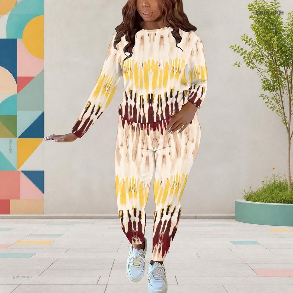 Women Plus Size Round Neck Long Sleeve Printed Top And Fitted Pants Two Piece Set