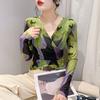 European 2025 Autumn/Winter V-Neck Ruched Mesh Print Slimming Long Sleeve Shirt