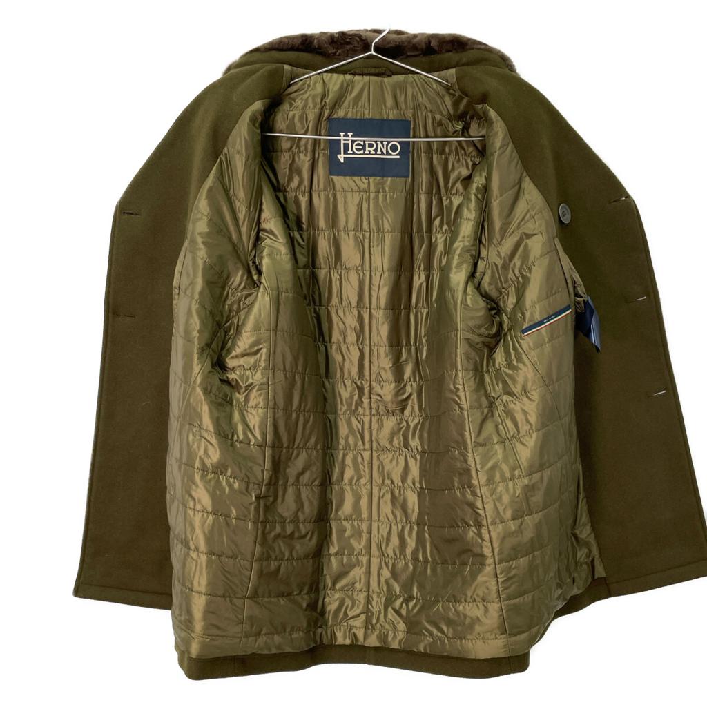 Herno PE0013U Khaki Beaver Fur Stand-Up Collar P-Coat Coat 48 khakiUsed
