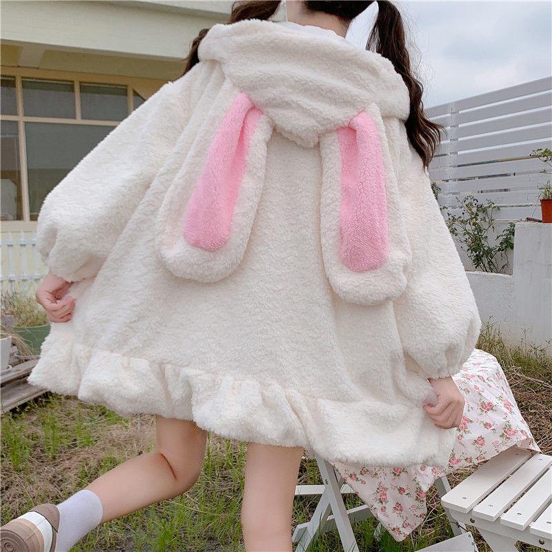 Felpe con cappuccio da donna Solid Zip-up manica lunga lanterna con cappuccio orecchie di coniglio Lolita carino dolce ragazze stile Harajuku capispalla larghi caldi