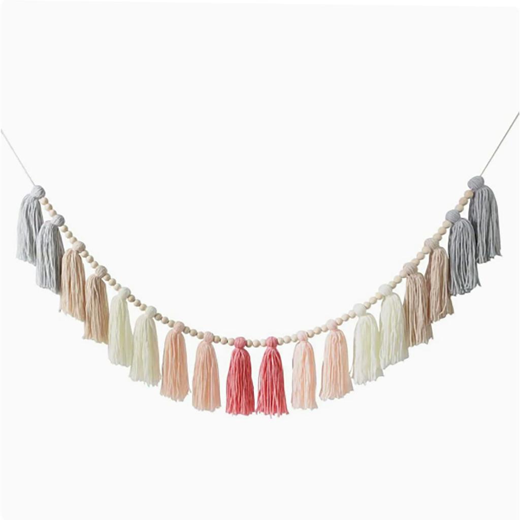 Boho Tassel Garland with Wood Beads Wall Hanging Tassel Banner for Classroom Bedroom Nursery Decoration Roseate