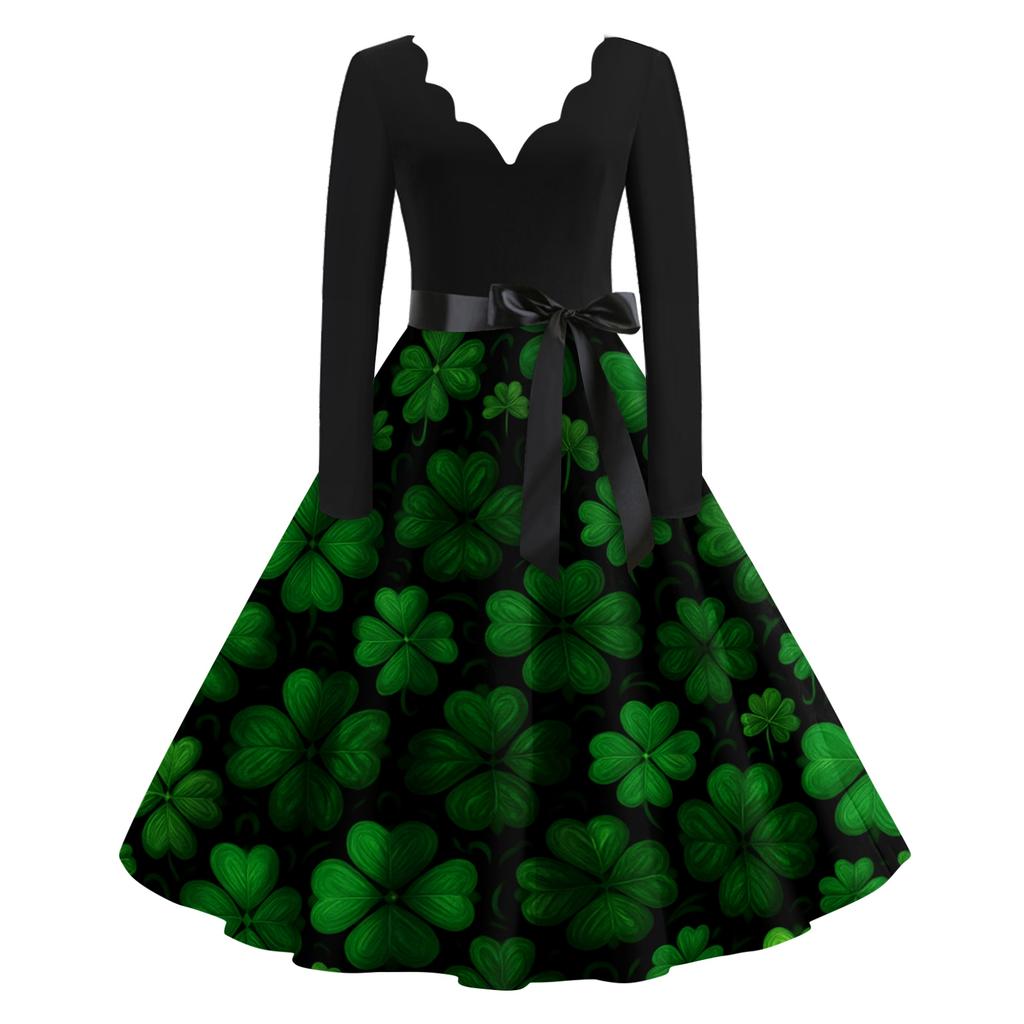 Damska Sukienka Codzienna Modna z Nadrukiem Dekolt V Retro Długi Rękaw