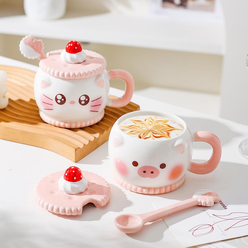 Creative Cute Cartoon Ceramic Mug Pink Girl Heart Gift Cup Water Cup with Lid Spoon Pig Cat Cup