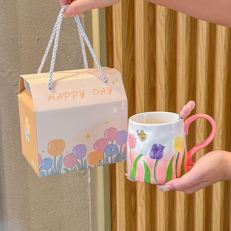 Girls Heart Ins Wind Hand-painted Tulip Ceramic Cup Girls Senior Sense Souvenir Couple Flower Mug