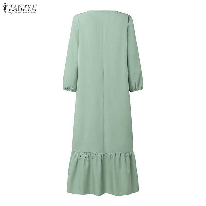 ZANZEA Women Casual V-Neck Solid Color 3/4 Sleeve Midi Dress