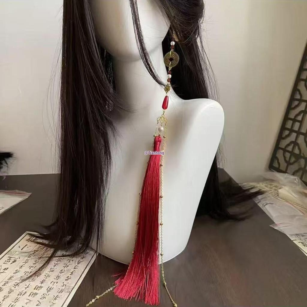 Mountain Ghost Flower Copper Coin Earrings with Tassels - Unisex Hanfu Style Ear Cuffs