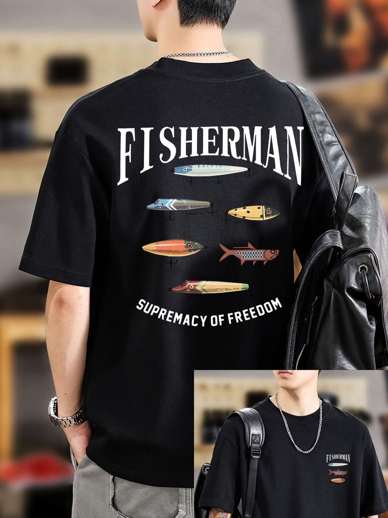 Unisexs Printed 100 Cotton Casual Loosefitting Breathable Fashionable Fishing Pattern Shortsleeved Roundneck Tshirt