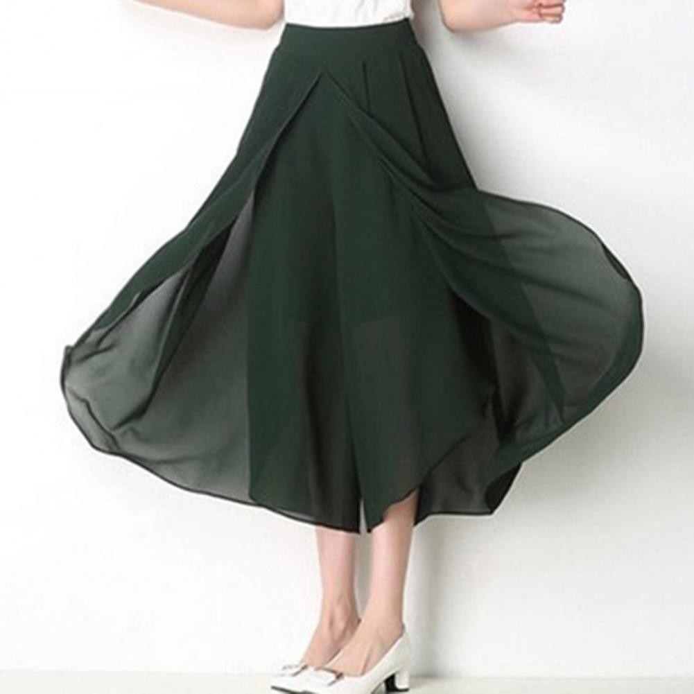 

Женские брюки-юбки из прозрачного шифона с двойным слоем, разрезом по низу, высокой резинкой на талии, свободные, широкие, длиной до середины икры, укороченные брюки S зелёный