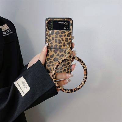 Leopard Print Hand Ring Leather Phone Case For Samsung Galaxy Z Flip 4 3 Cover Cute Protective Cases For Z Flip3 Flip4 5g Funda