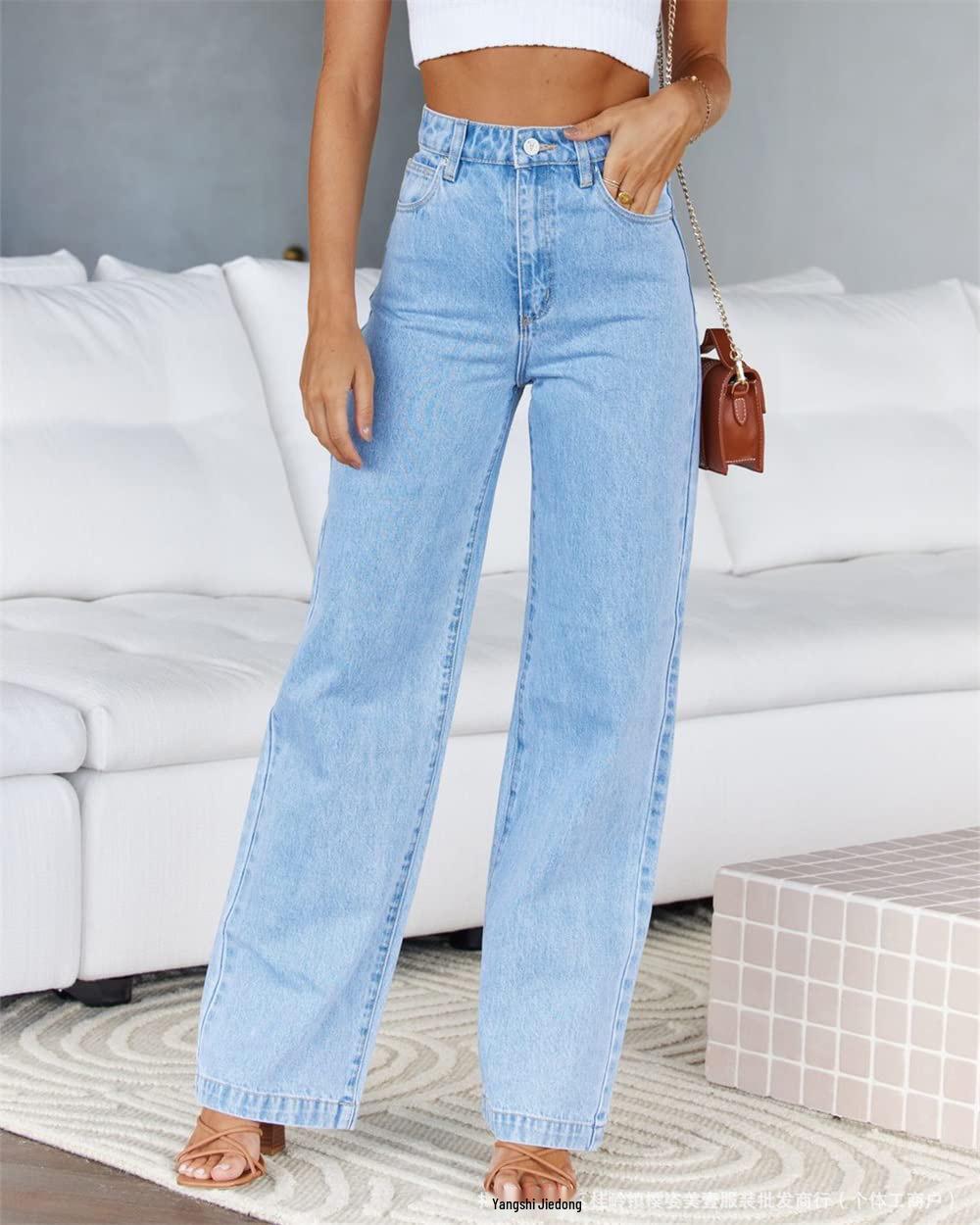 

Women s 2025 New Arrival Elastic Wide-Leg Straight Denim Fashionable Washed Jeans 5XL светло-синий