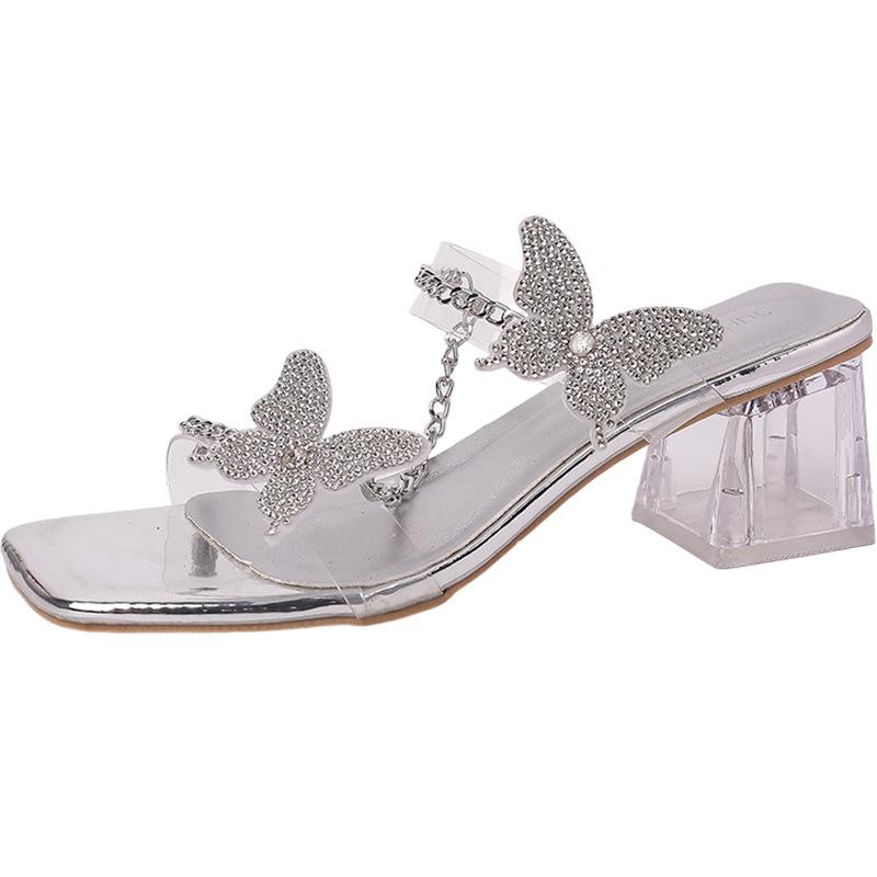 Rhinestone bow transparent cool slippers women's summer wear new fashionable exquisite versatile high heels