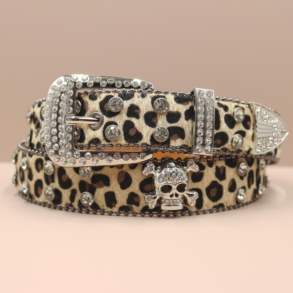 Cross Belt Leopard Print Western Rhinestone Belt Personalized Denim Woman Rivet Jeans Belt