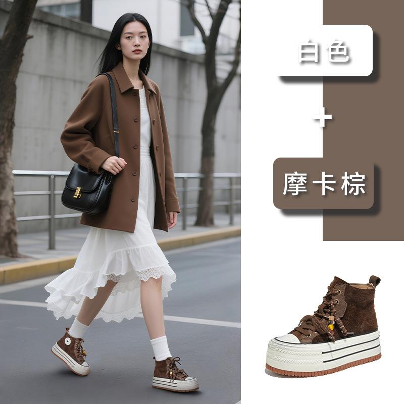 The first layer of cowhide high-top little white shoes women's 2025 autumn new versatile shoes women's heightening board shoes thick-soled polis