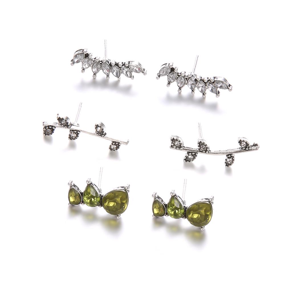 Fashion Personality Bohemian Feng Shui Drop Geometric Green Crystal Leaf Earrings Stud Earrings Three-Piece Set Women серебряный