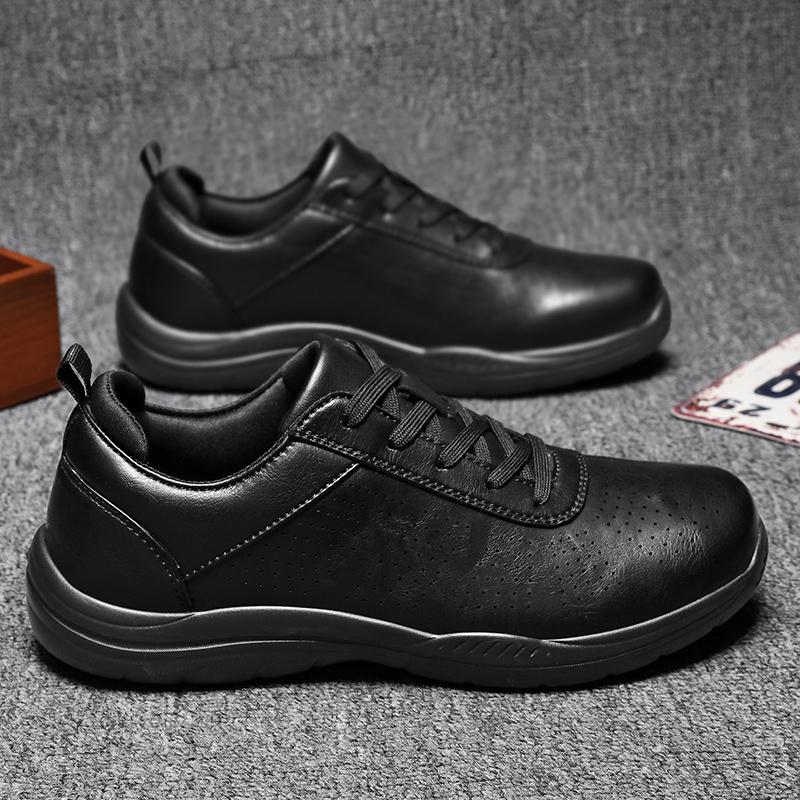 Men's Black Leather Casual Sneakers, Lightweight Walking Shoes