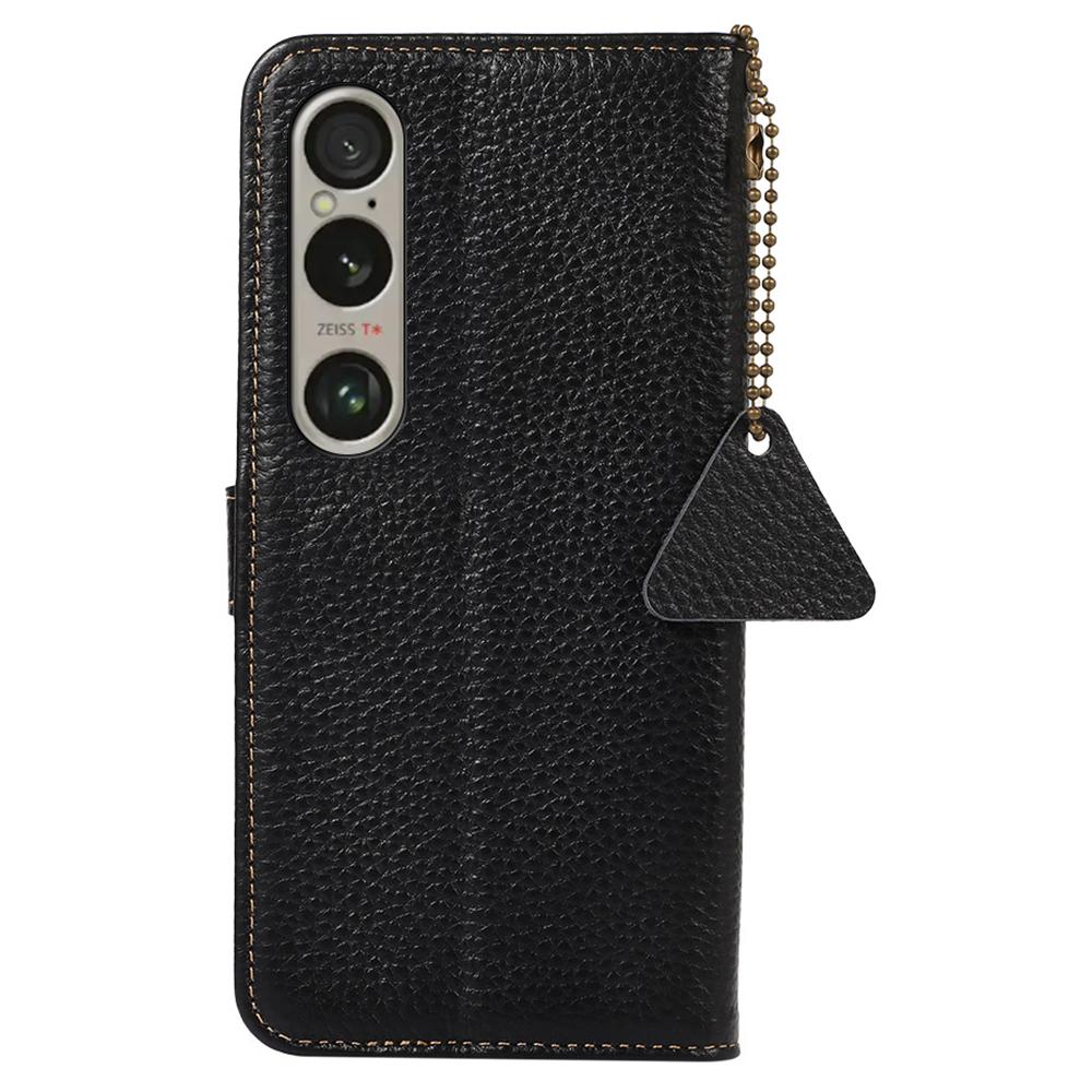 For Sony Xperia 1 VI Case Genuine Cow Leather RFID Blocking Wallet Phone Cover Litchi Texture