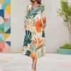Women Plus Size V Neck Long Sleeve Red Floral Printed A Line Midi Dress With Pockets