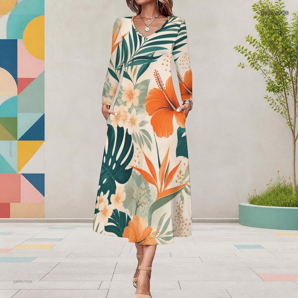 Women Plus Size V Neck Long Sleeve Red Floral Printed A Line Midi Dress With Pockets