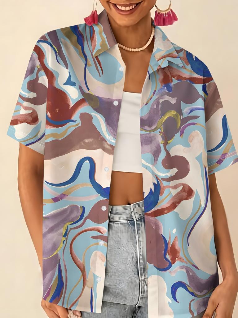Gentle blue floral printed shirt for women, short-sleeve loose lapel design, niche vacation style top