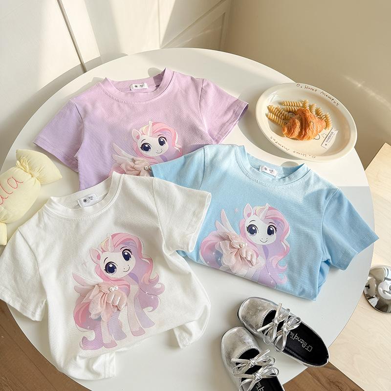 Girls' Casual Cotton Short-sleeved T-shirt, Summer Children's Cute Little Horse Printed T-shirt
