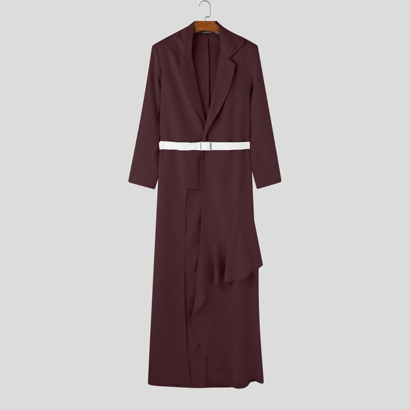 

INCERUN Мужская туника с V-образным вырезом, двухслойный пояс, разрезы на талии, длинная туника, блейзер M красный